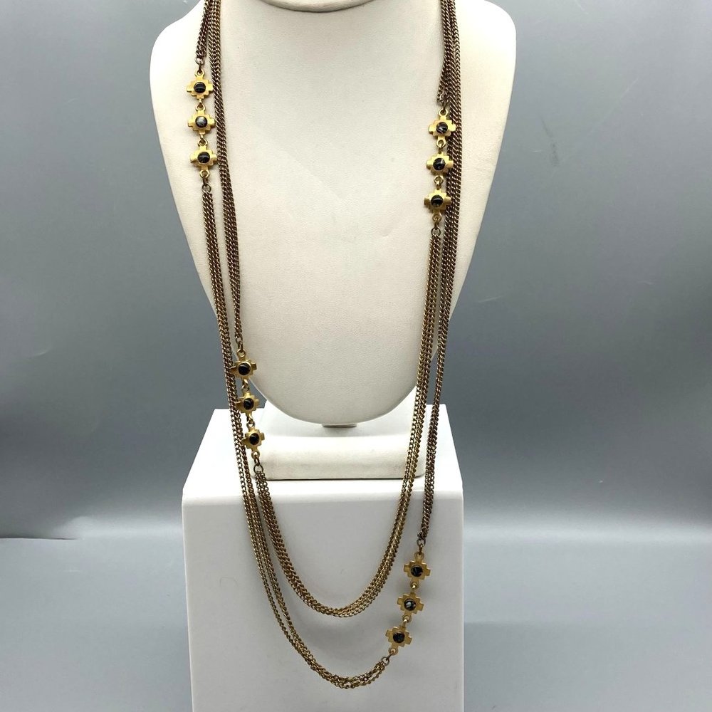 Southwestern Tiered Cross Station Necklace, Gold Tone Triple Strand Vintage